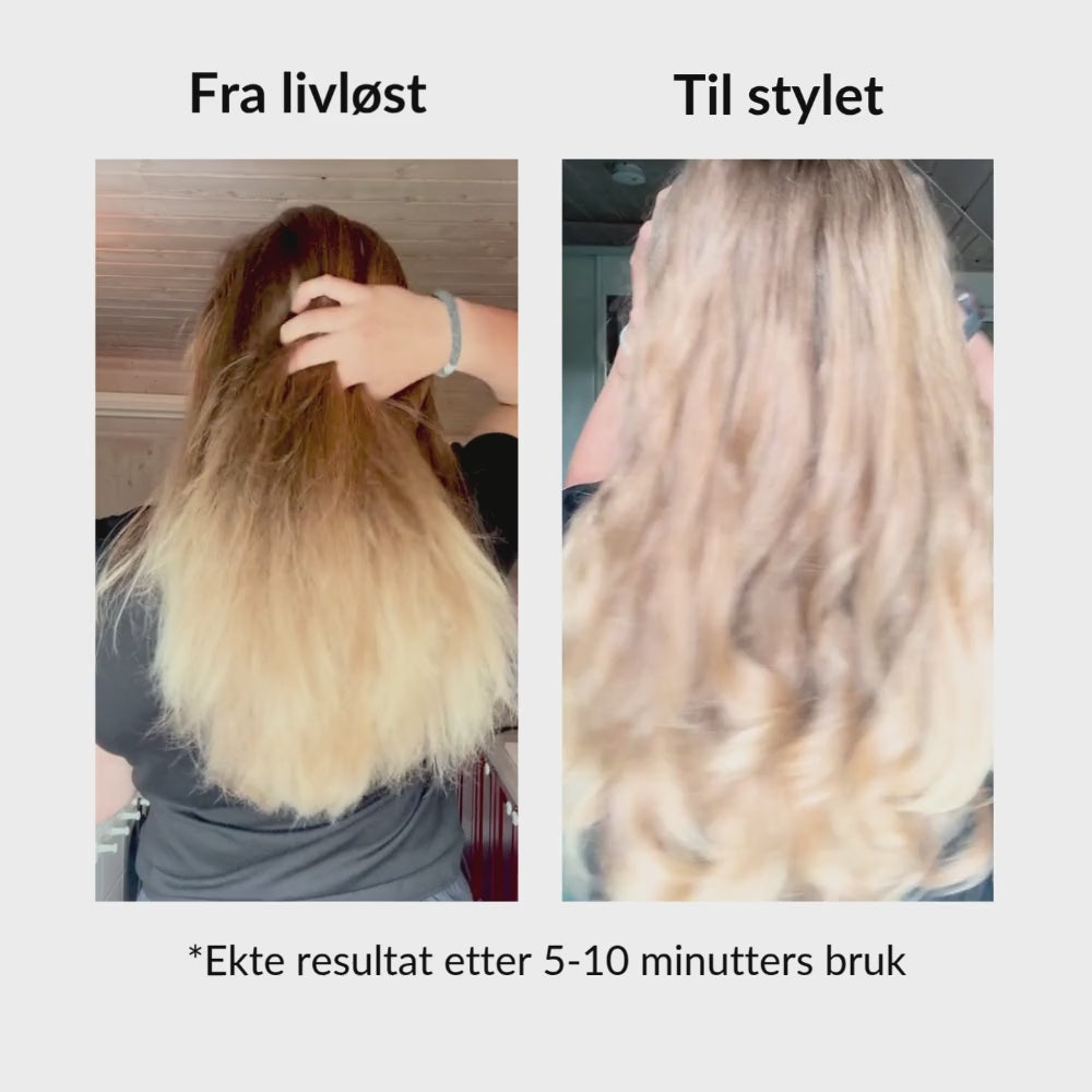Video som viser før og etter bruk av ionisk hårføner med diffuser – fra frizz til silkemykt hår